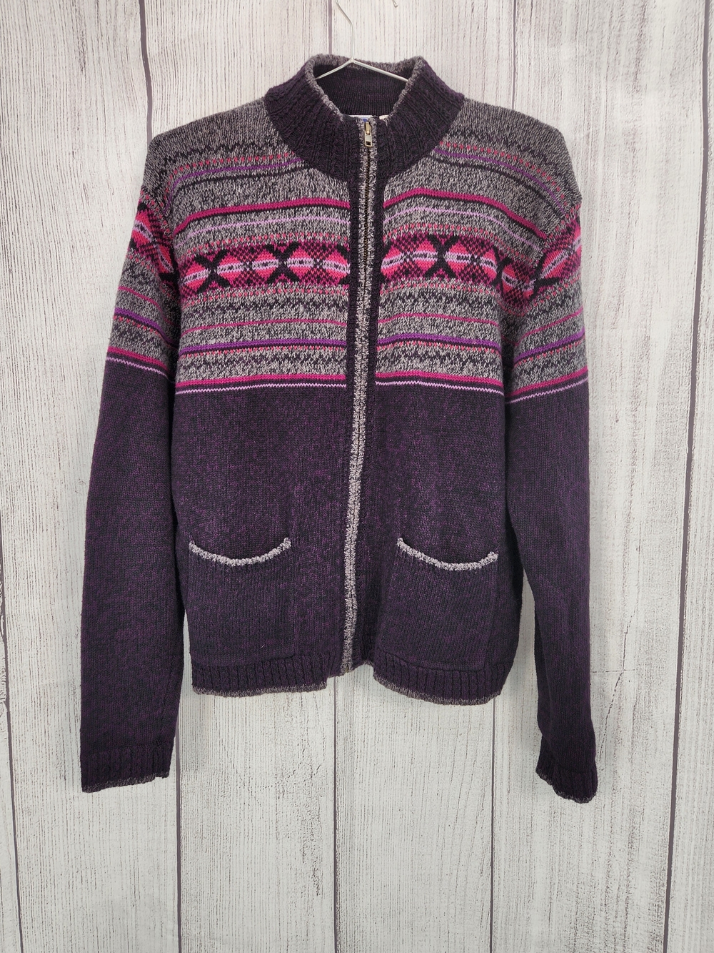 Women's Zip-Front Purple Patterned Sweater